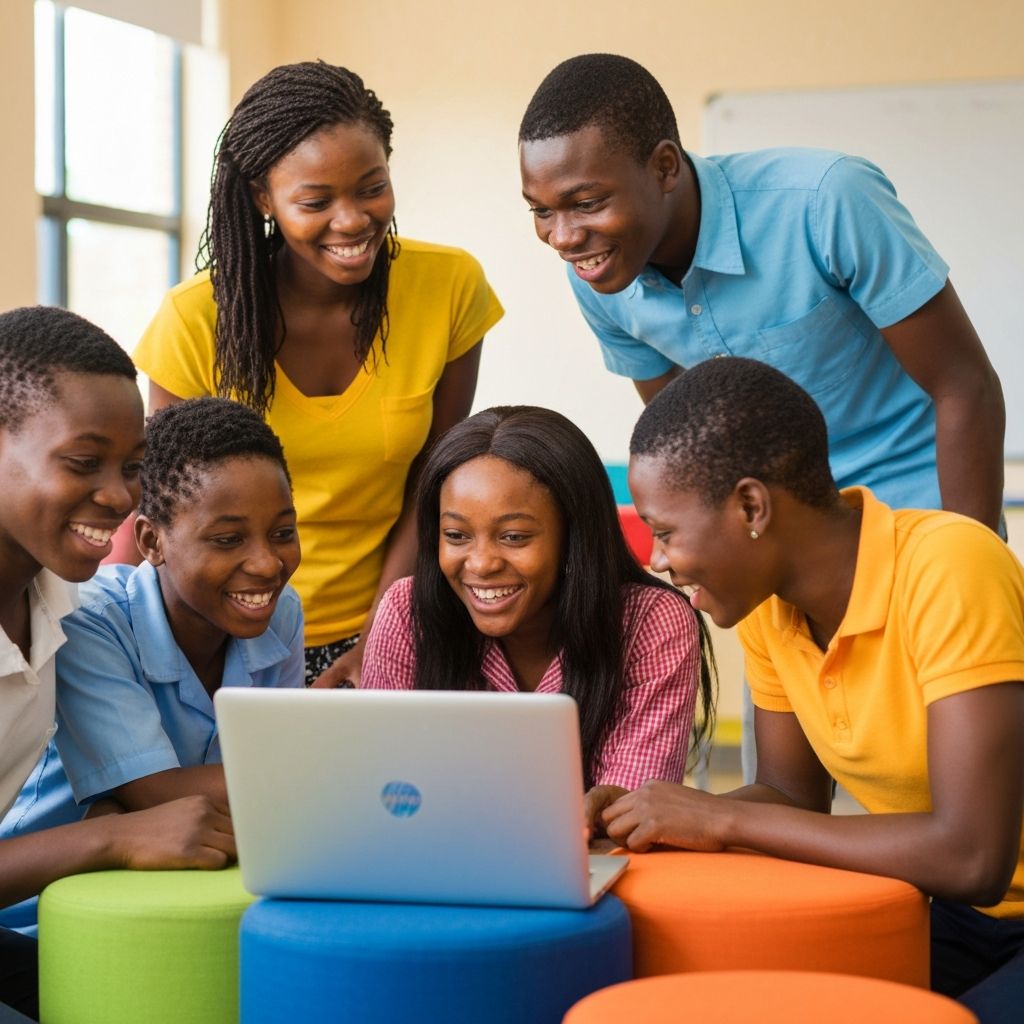 African students learning together on a computer